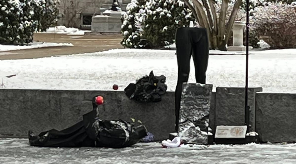 A holiday display by The Satanic Temple lies in ruins on the grounds in Concord, New Hampshire. (The Satanic Temple)