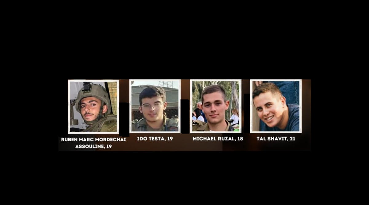  IDF soldiers Ruben Marc Mordechai Assouline, Ido Testa, Michael Ruzal, and Tal Shavit, who were killed in the Hamas rocket attack on the Kerem Shalom area. May 5, 2024