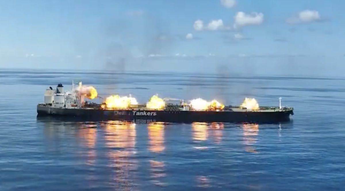 The Houthis released video showing them boarding and planting explosives on the deck of the MT SOUNION in the Southern Red Sea. Image from video.