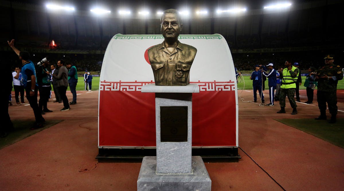 A statue of slain Iranian general Qassem Soleimani is placed at Naghsh-e-Jahan stadium in the central city of Isfahan, Iran