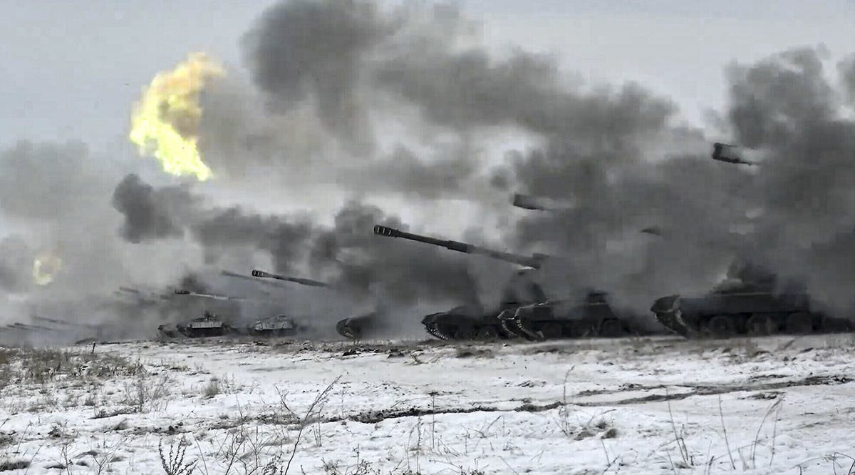 Russian army's self-propelled howitzers fire during military drills