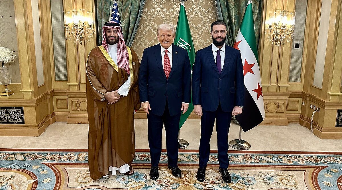 President Donald Trump with Saudi Crown Prince Mohammed Bin Salman and President of Syria Ahmed al-Sharaa
