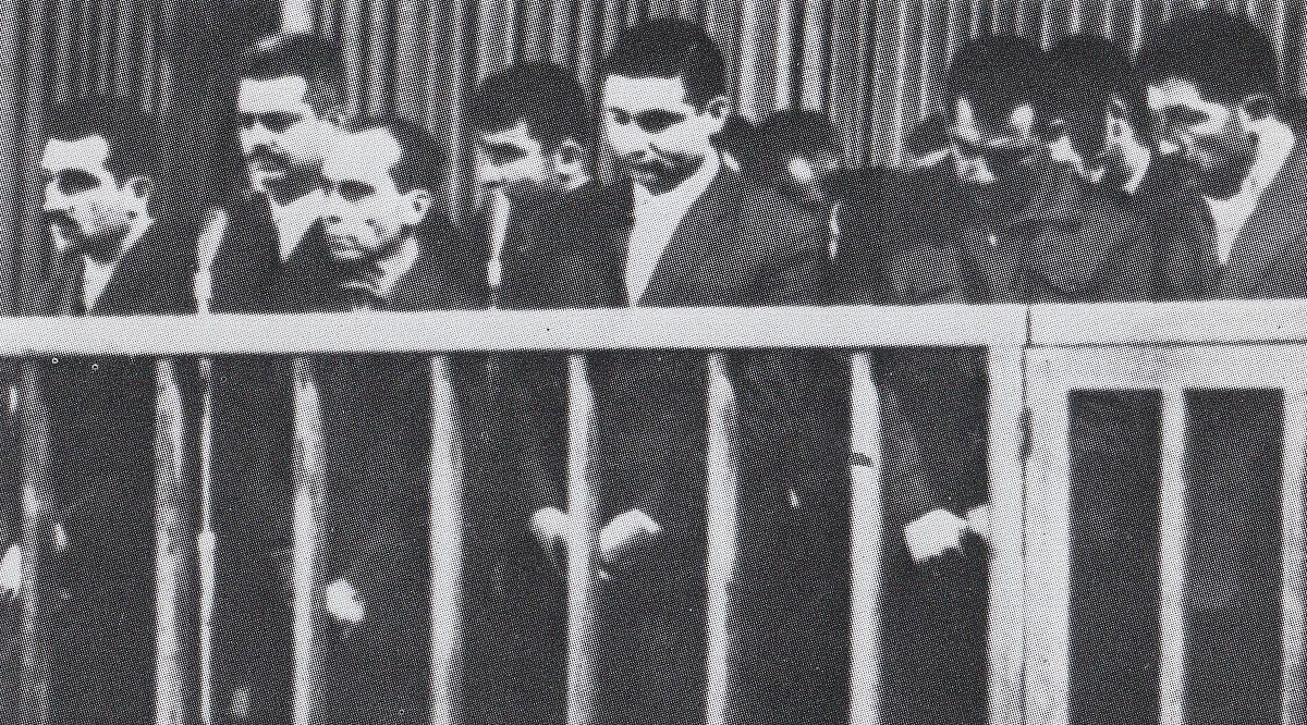Mossad spy Eli Cohen in the dock at the military court, first from the left