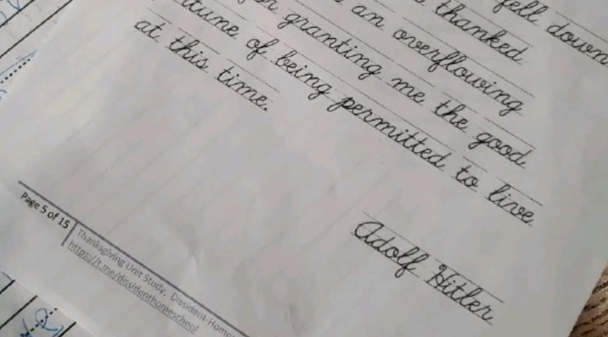 A lesson plan shared by the creator of the neo-Nazi group Dissident Homeschool Network, in which children learn cursive by copying a Hitler quote