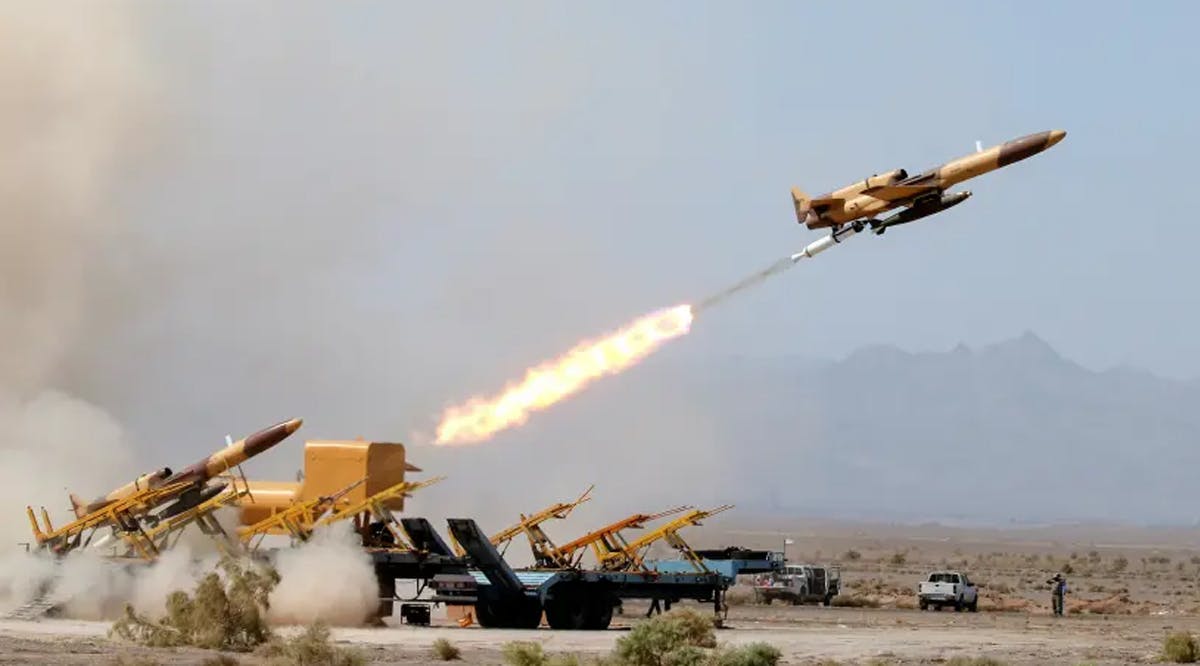 A drone is launched during a military exercise in an undisclosed location in Iran