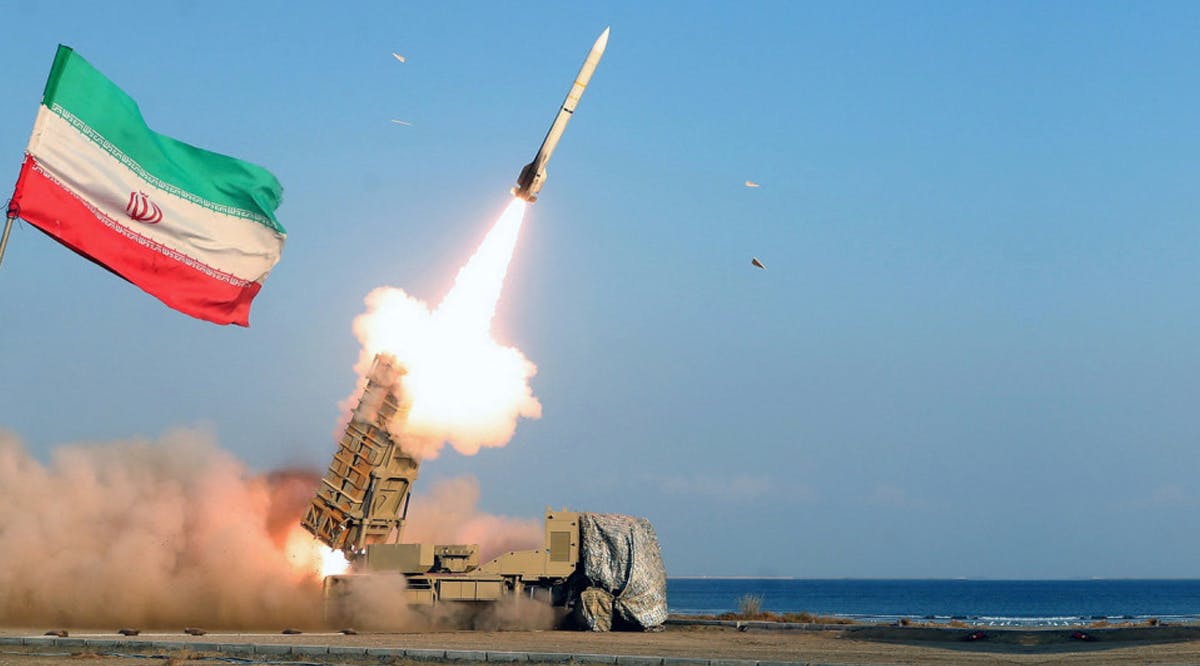 A missile is launched during an annual drill in the coastal area of the Gulf of Oman and near the Strait of Hormuz, Iran
