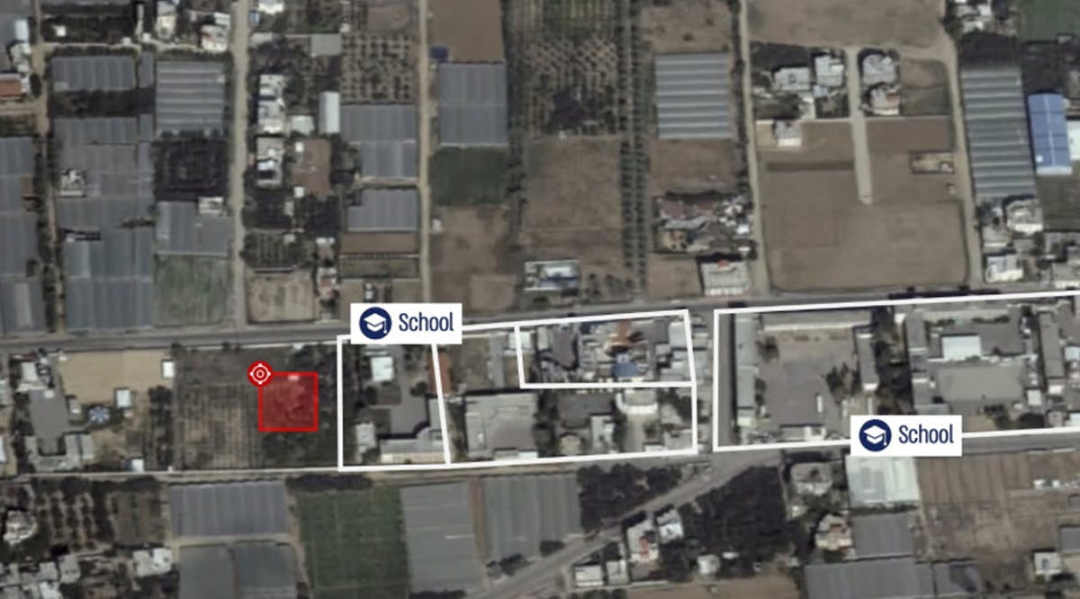An aerial view of an area containing a Hamas rocket launch site, in the vicinity of schools, in a location given as Gaza