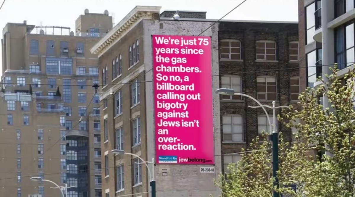 Toronto drivers can spot three pink billboards aimed at raising awareness about antisemitism