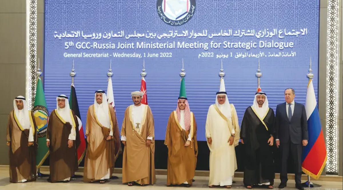 DELEGATES FROM the Gulf Cooperation Council (GCC) pose alongside Russian Foreign Minister Sergei Lavrov during the 5th GCC-Russia Joint Ministerial Meeting for Strategic Dialogue in Riyadh