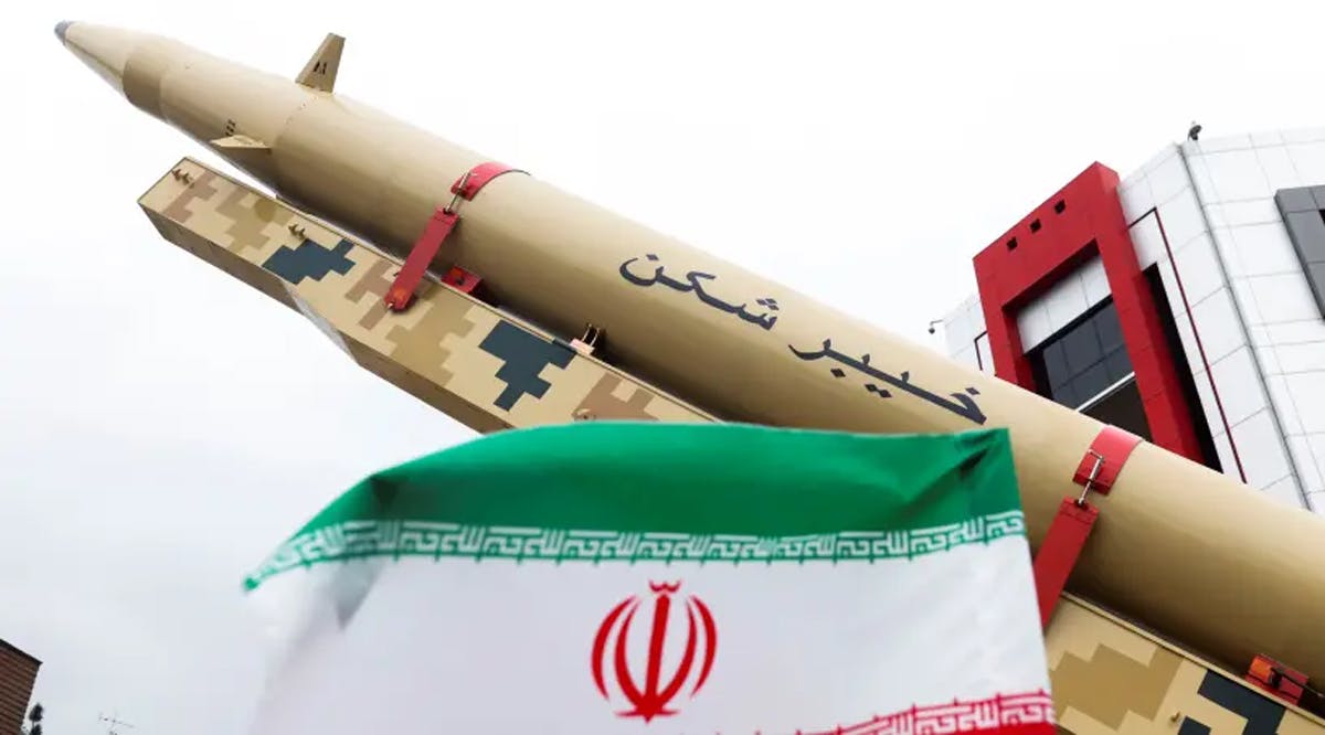 An Iranian missile is displayed during a rally marking the annual Quds Day