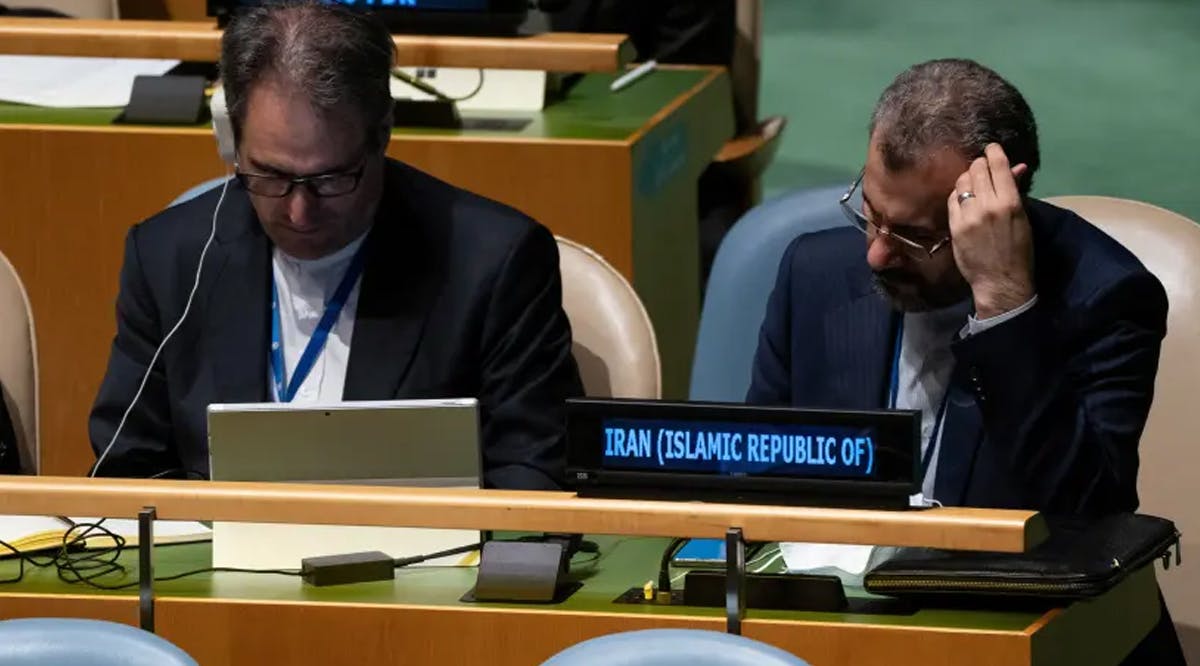 Delegates from Iran attend the Nuclear Non-Proliferation Treaty review conference in New York City