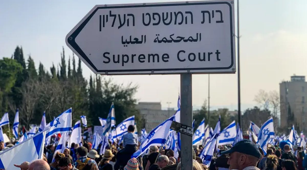 Israelis are seen demonstrating near the Supreme Court in Jerusalem ahead of a vote in the Knesset on judicial reform