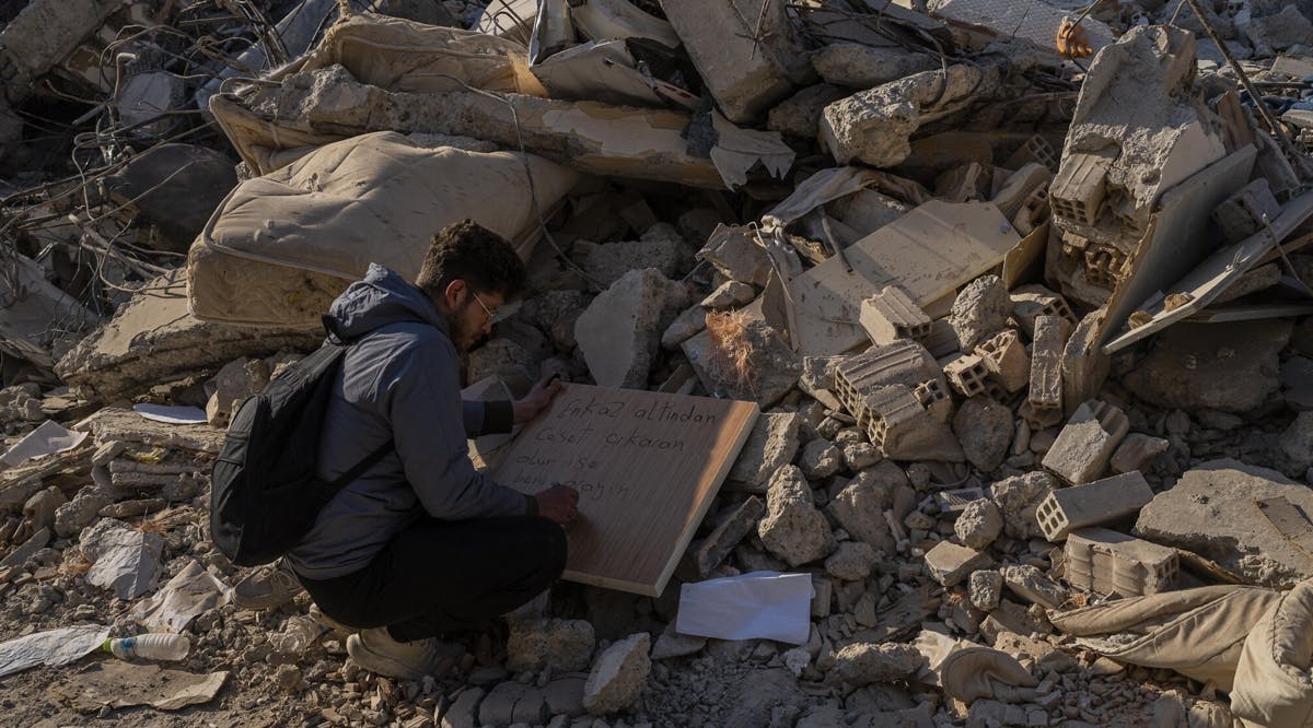 The rubble of a destroyed building in Antakya, southeastern Turkey