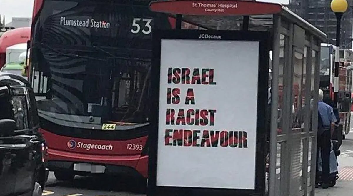 Anti-Israel sign at a bus stop in Westminster