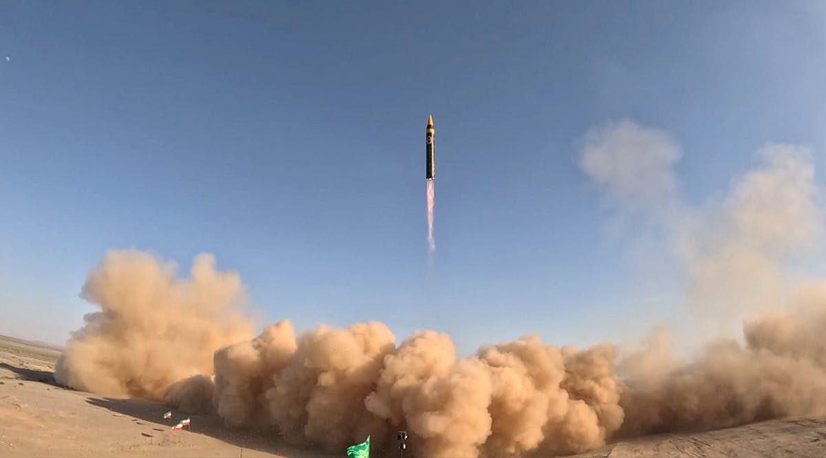 A new surface-to-surface 4th generation Khorramshahr ballistic missile called Khaibar with a range of 2,000 km is launched at an undisclosed location in Iran