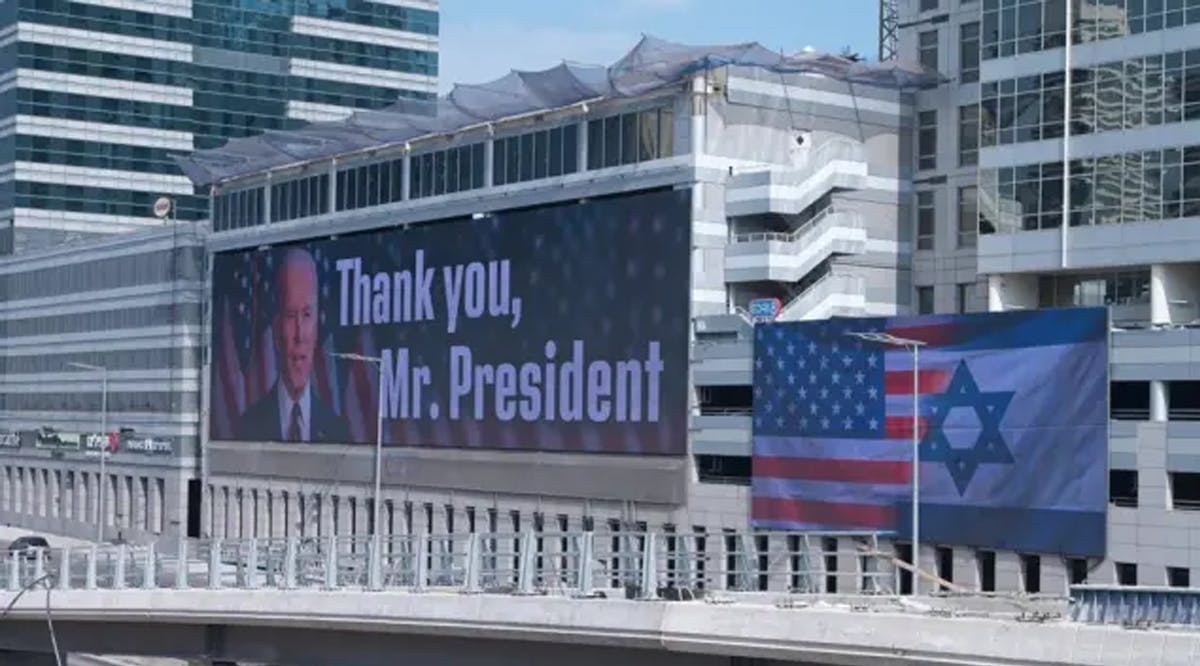 A billboard in support of US President Joe Biden seen in Israel