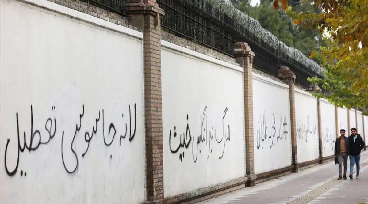 Anti-British graffities are seen on the walls of the British Embassy in Tehran