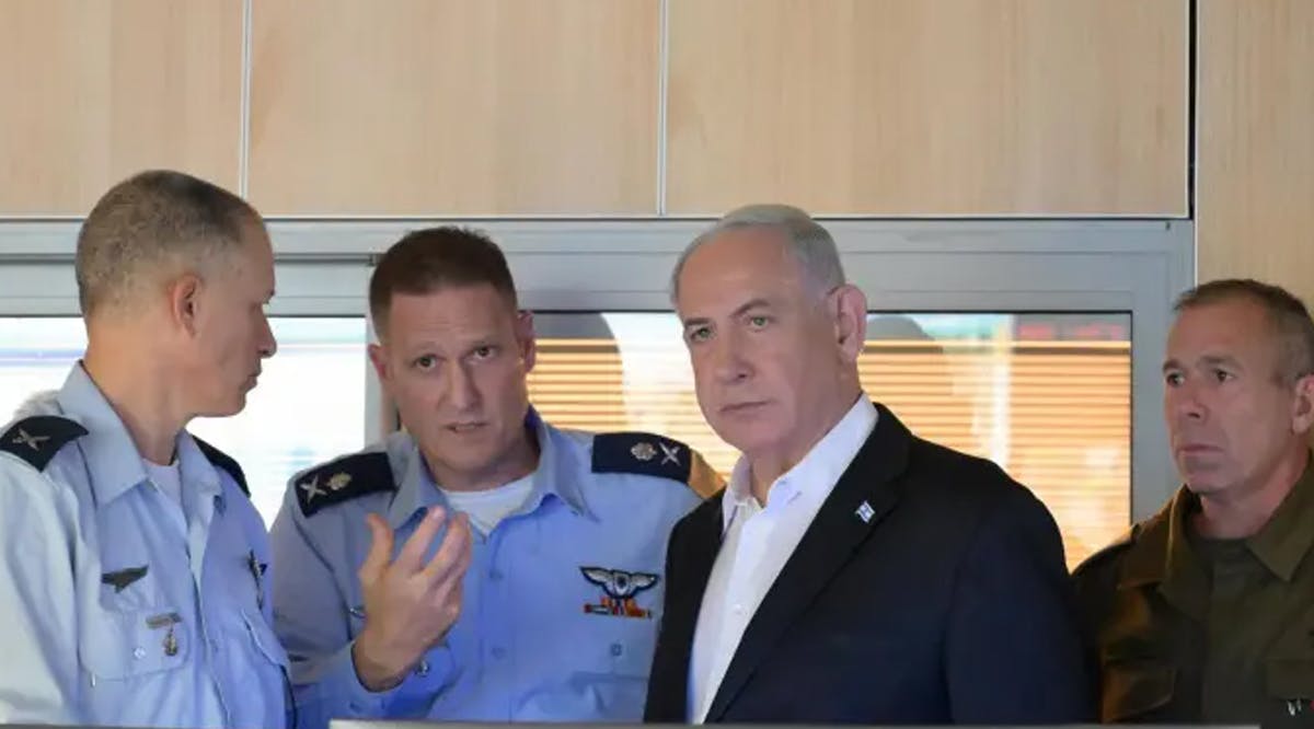 Israeli Prime Minister Benjamin Netanyahu with senior military officers in an Israeli Air Force war room