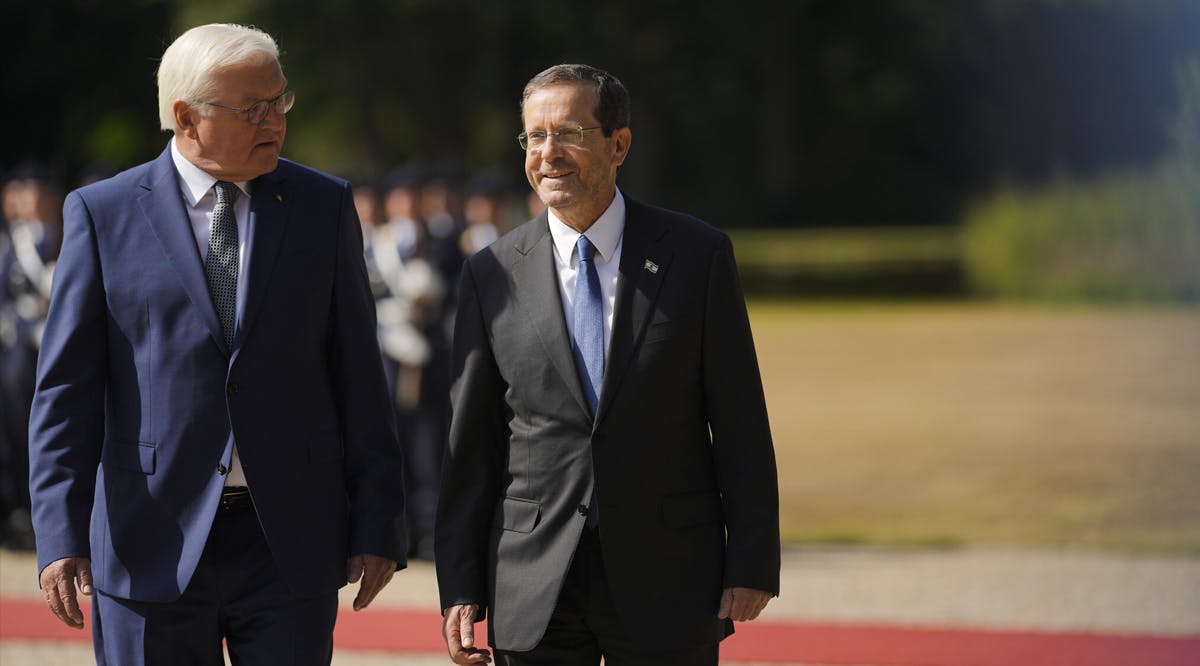 German President Frank-Walter Steinmeier, left, welcomes President Isaac Herzog to Bellevue Palace in Berlin, Germany,