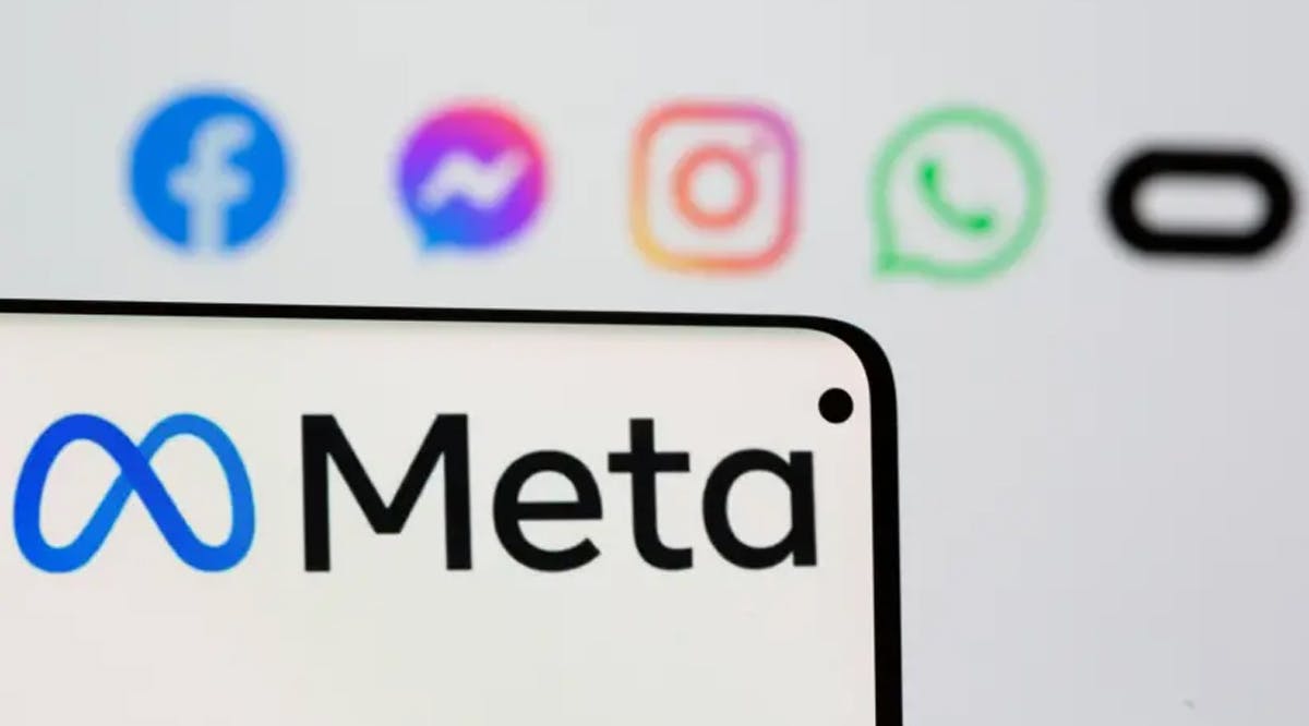 Facebook's new rebrand logo Meta in front of logo of Facebook, Messenger, Intagram, Whatsapp and Oculus