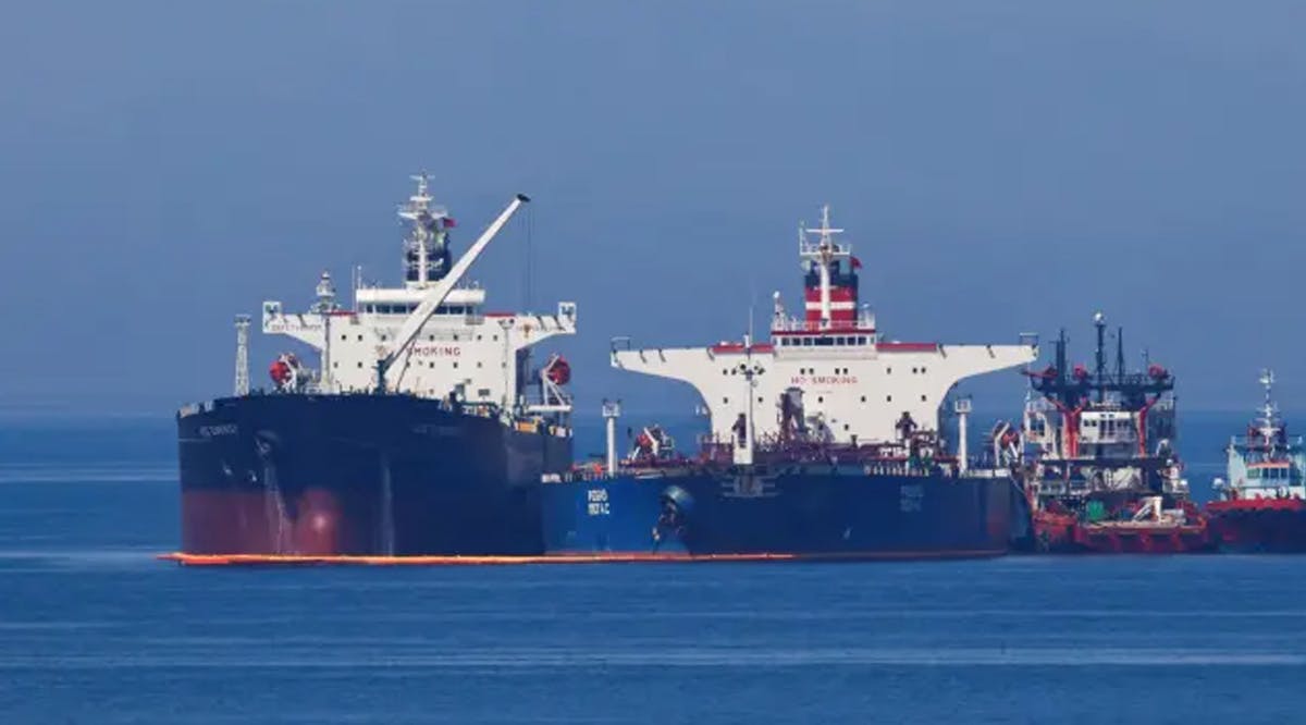 The Liberian-flagged oil tanker Ice Energy transfers crude oil from the Iranian-flagged oil tanker Lana (former Pegas), off the shore of Karystos, on the Island of Evia, Greece