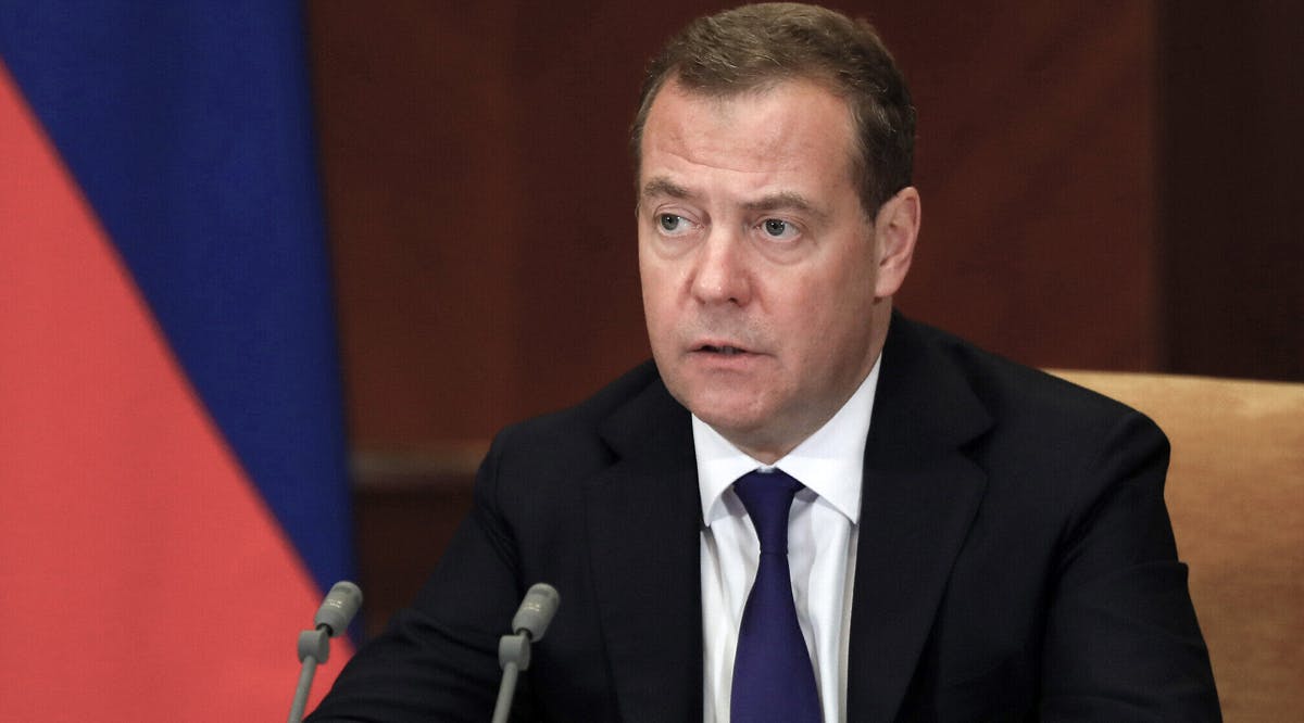 Russian Security Council Deputy Chairman and head of the United Russia party Dmitry Medvedev speaks during a meeting outside Moscow, Russia