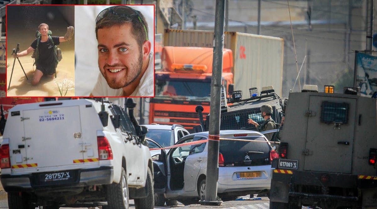 Israeli security forces secure the scene of a shooting attack in Huwara, in the West Bank, near Nablus, February 26, 2023. Inset: Brothers Hillel (right) and Yagel Yaniv, who were killed in the attack