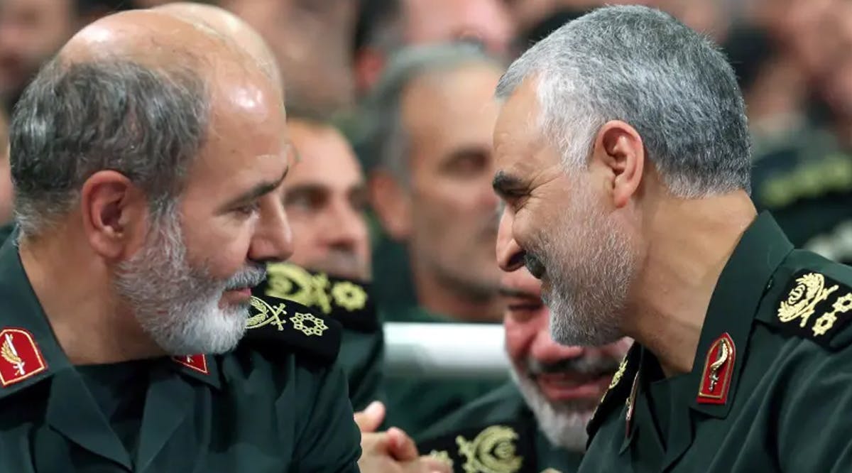 Iran's new Secretary of the Supreme National Security Council Ali Akbar Ahmadian is seen next to the late Iranian Major-General Qasem Soleimani during a meeting in Tehran, Iran