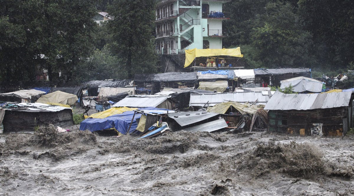 A swollen River Beas following heavy rains in Kullu, Himachal Pradesh, India