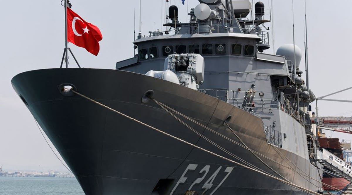 A Turkish naval frigate is seen berthed at the Haifa Port, in Haifa, Israel