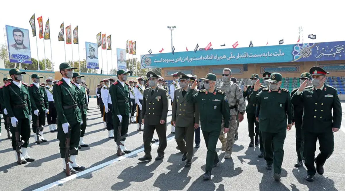 Iranian commander-in-chief of the Islamic Revolutionary Guard Corps Hossein Salami, second from right