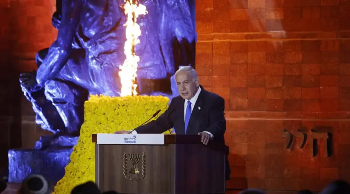 Prime Minister Benjamin Netanyahu speaks at the Holocaust Remembrance Day ceremony at Yad Vashem