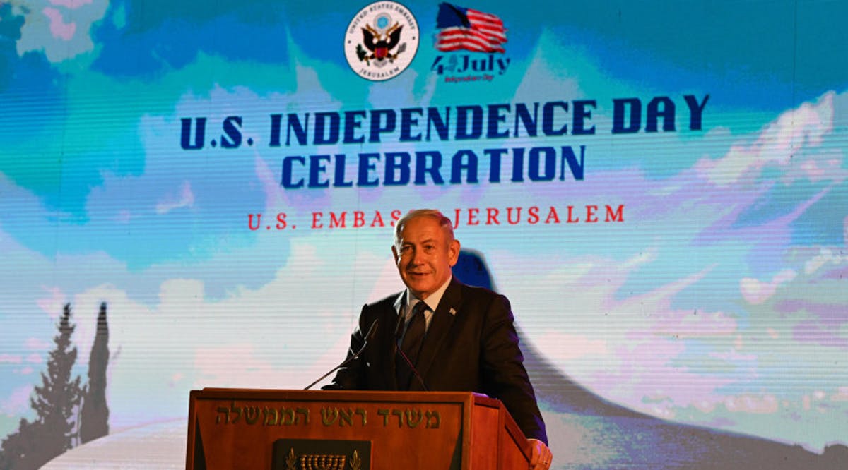 Prime Minister Benjamin Netanyahu speak at a Fourth of July event at the US embassy in Jerusalem