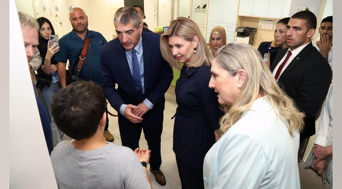Ukrainian First Lady Olena Zelenska (second from right) and First Lady Michal Herzog (right) tour the Sheba Medical Center in Ramat Gan