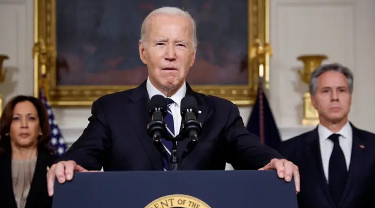 US President Joe Biden, accompanied by Vice President Kamala Harris and US Secretary of State Antony Blinken