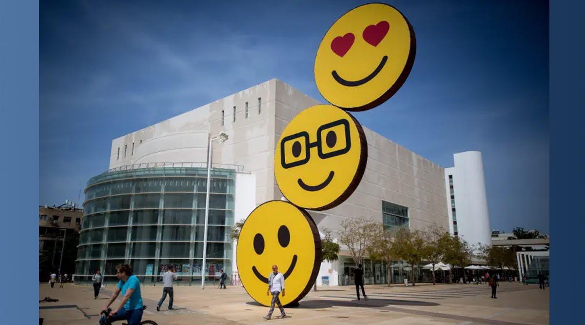 "Smiley"'s posted on a sculpture on ha Bima square in Tel Aviv