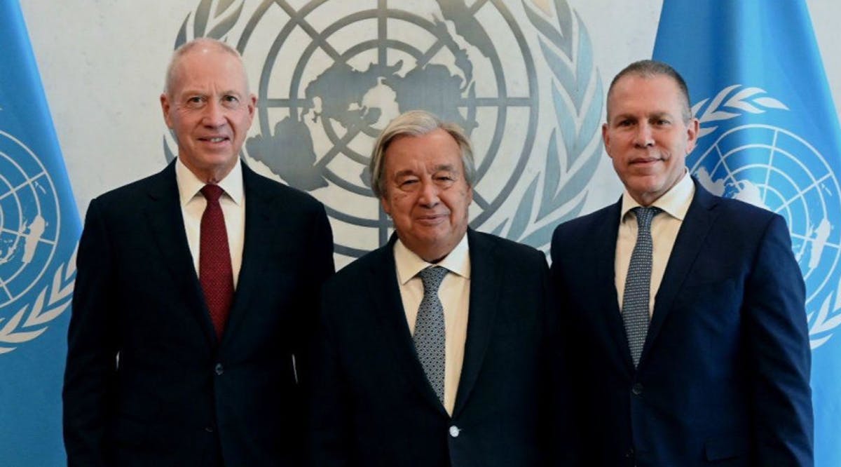 Defense Minister Yoav Gallant, UN Secretary-General Antonio Guterres, and Israeli ambassador to the UN Gilad Erdan