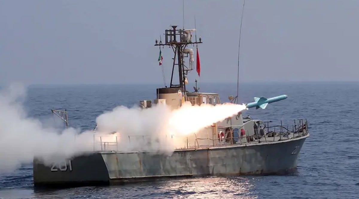 A missile is launched during the annual military drill, dubbed “Zolphaghar 99”, in the Gulf of Oman