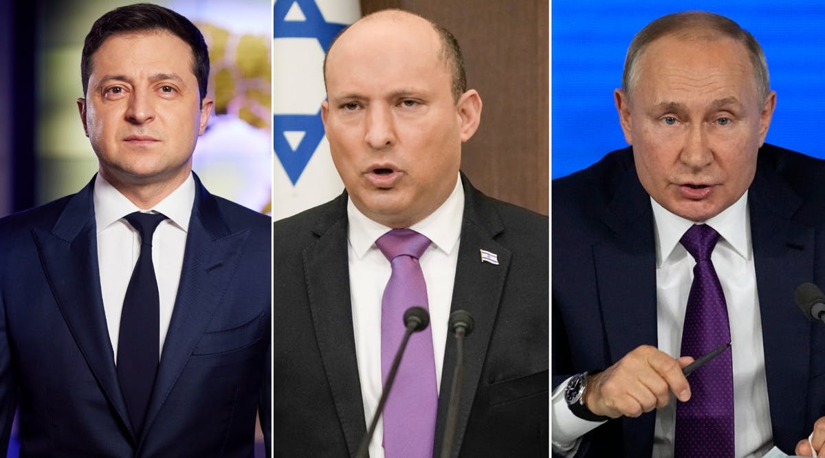 Ukrainian President Volodymyr Zelensky; Prime Minister Naftali Bennett; and Russian President Vladimir Putin