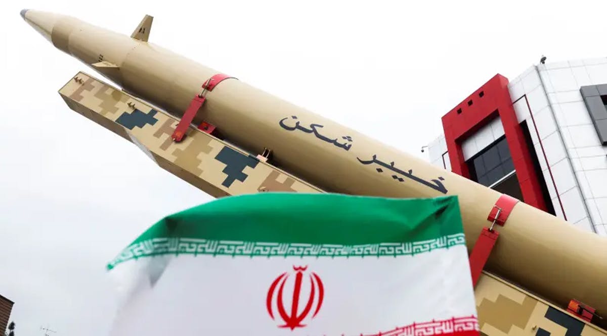 An Iranian missile is displayed during a rally