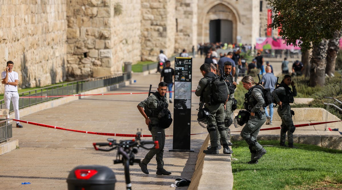 Police officers at the scene of stabbing attack near Jaffa Gate outside Jerusalem's Old City