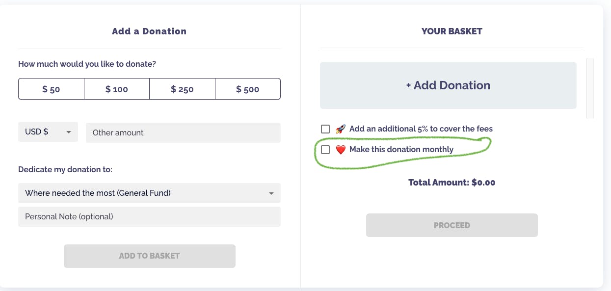 Captura de pantalla de la página de donaciones