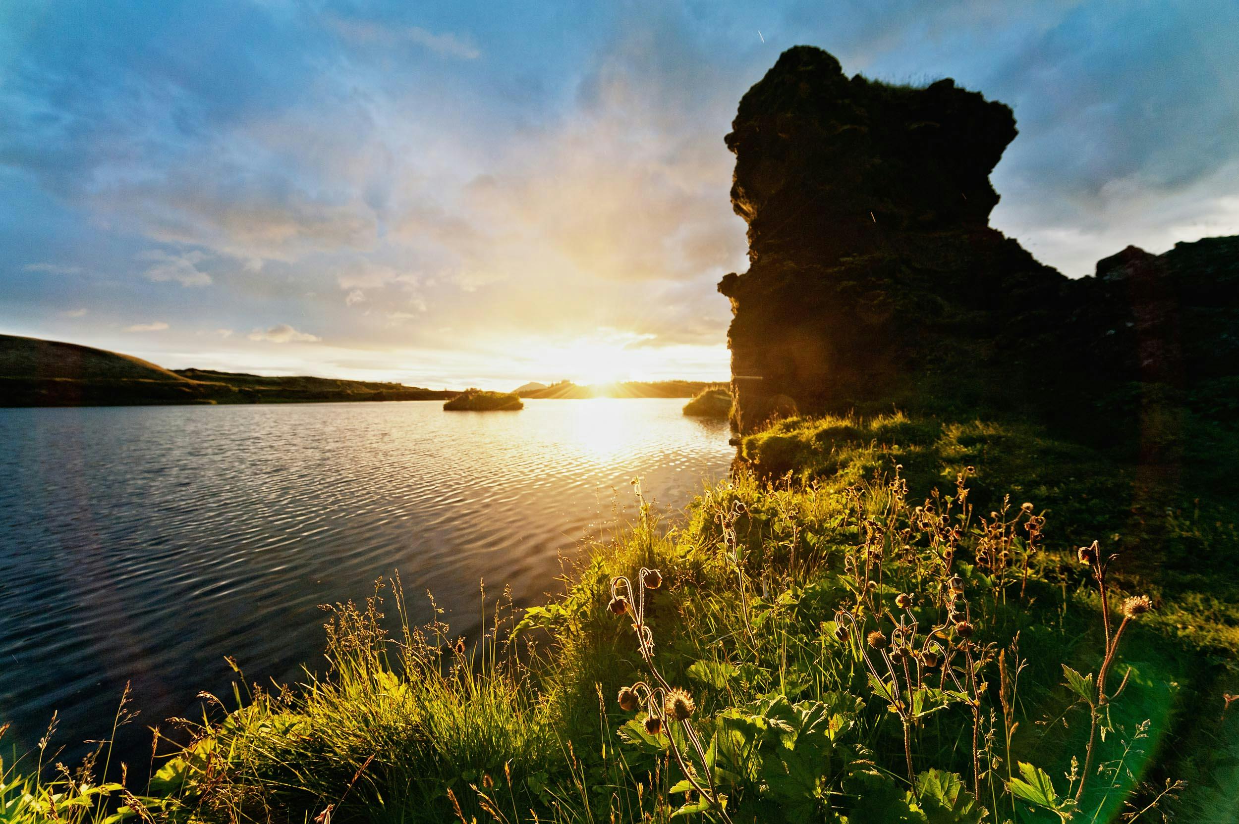 Lavaformation, See, Mývatn, Sonnenuntergang, Island