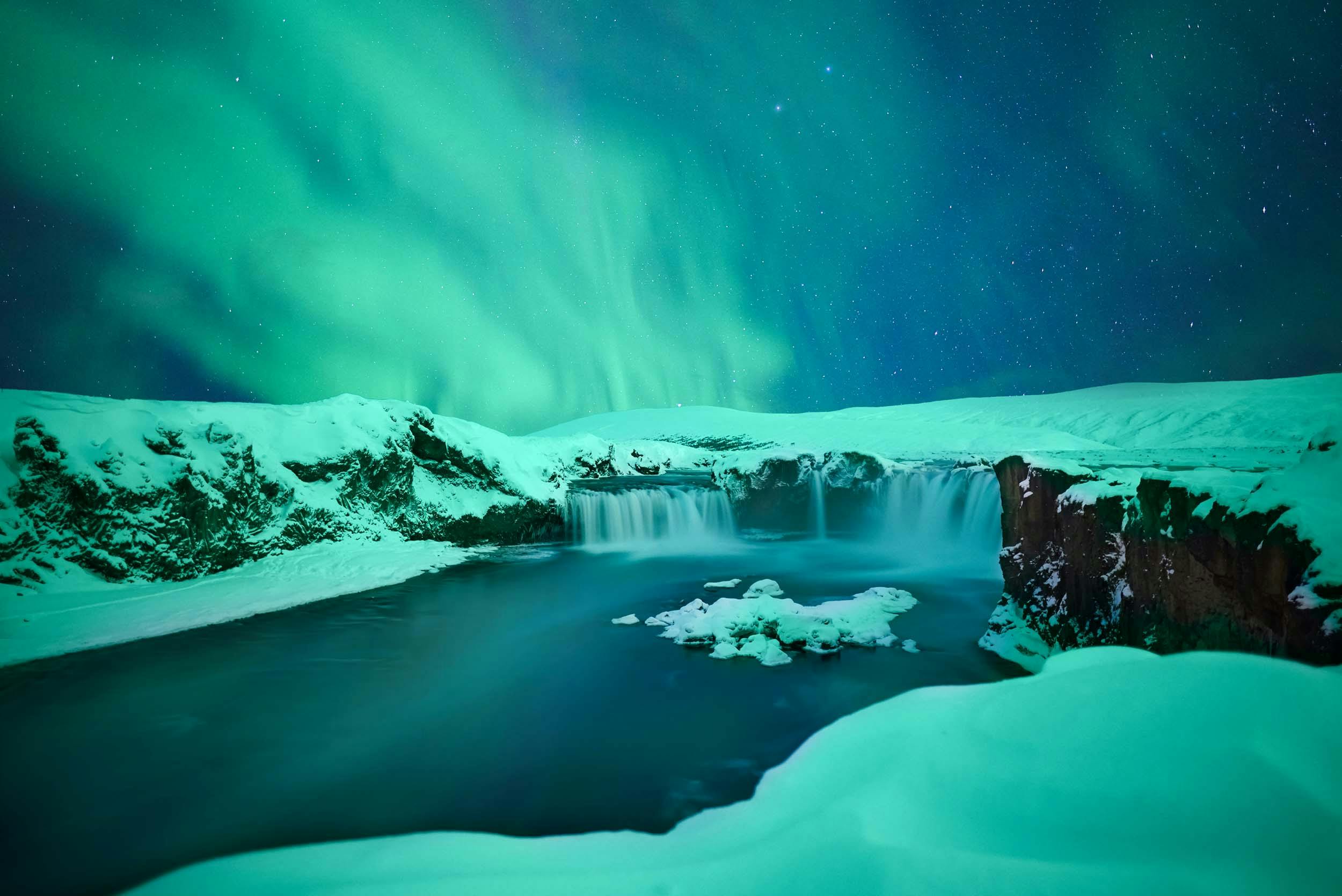 wasserfall, Godafoss, Schnee, Polarlichter, Island