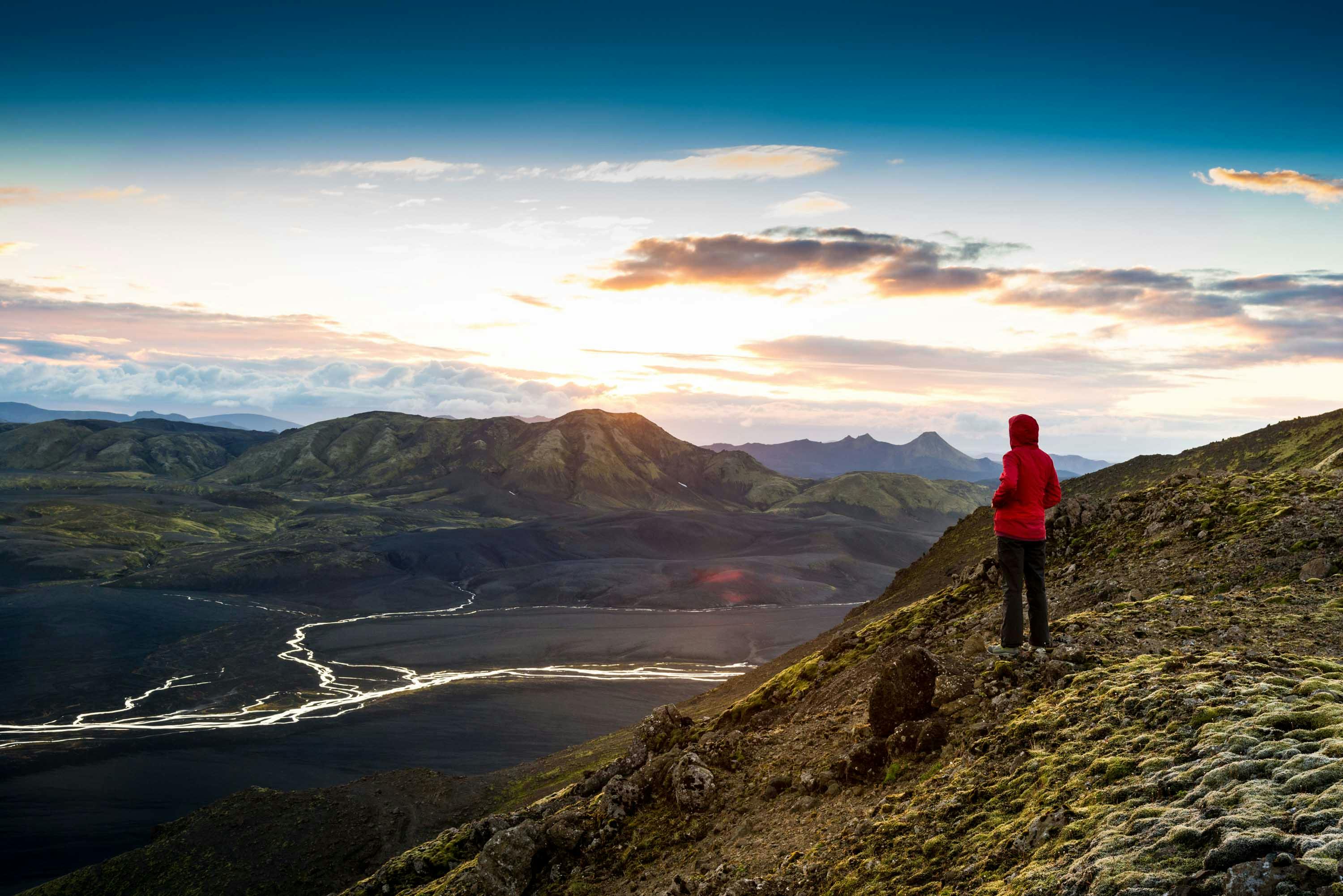 Hochland, Sonnenuntergang, Person, Island