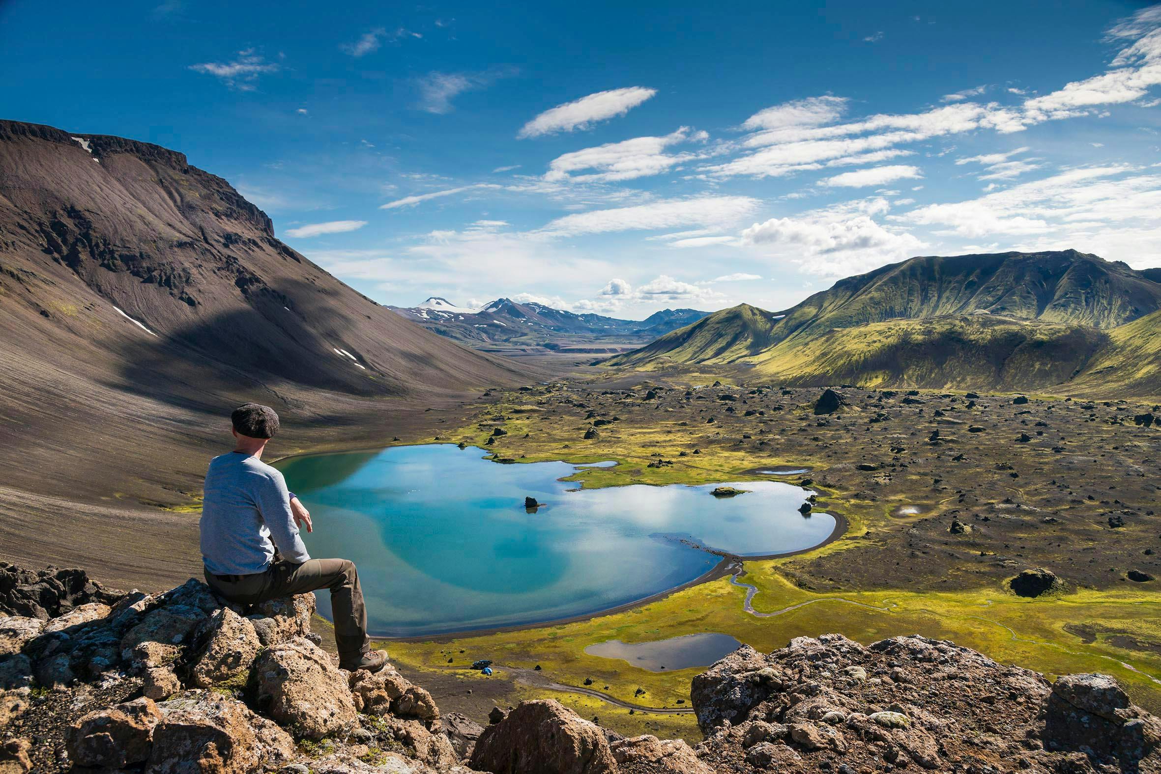 Mann, Aussichtspunkt, See, Berge, Island