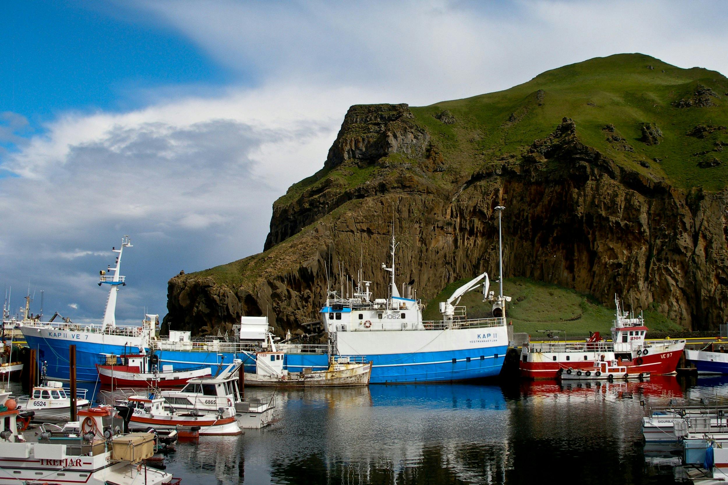 Fischtrawler, Hafen, Heimaklettur, Vestmannaeyjar, Island