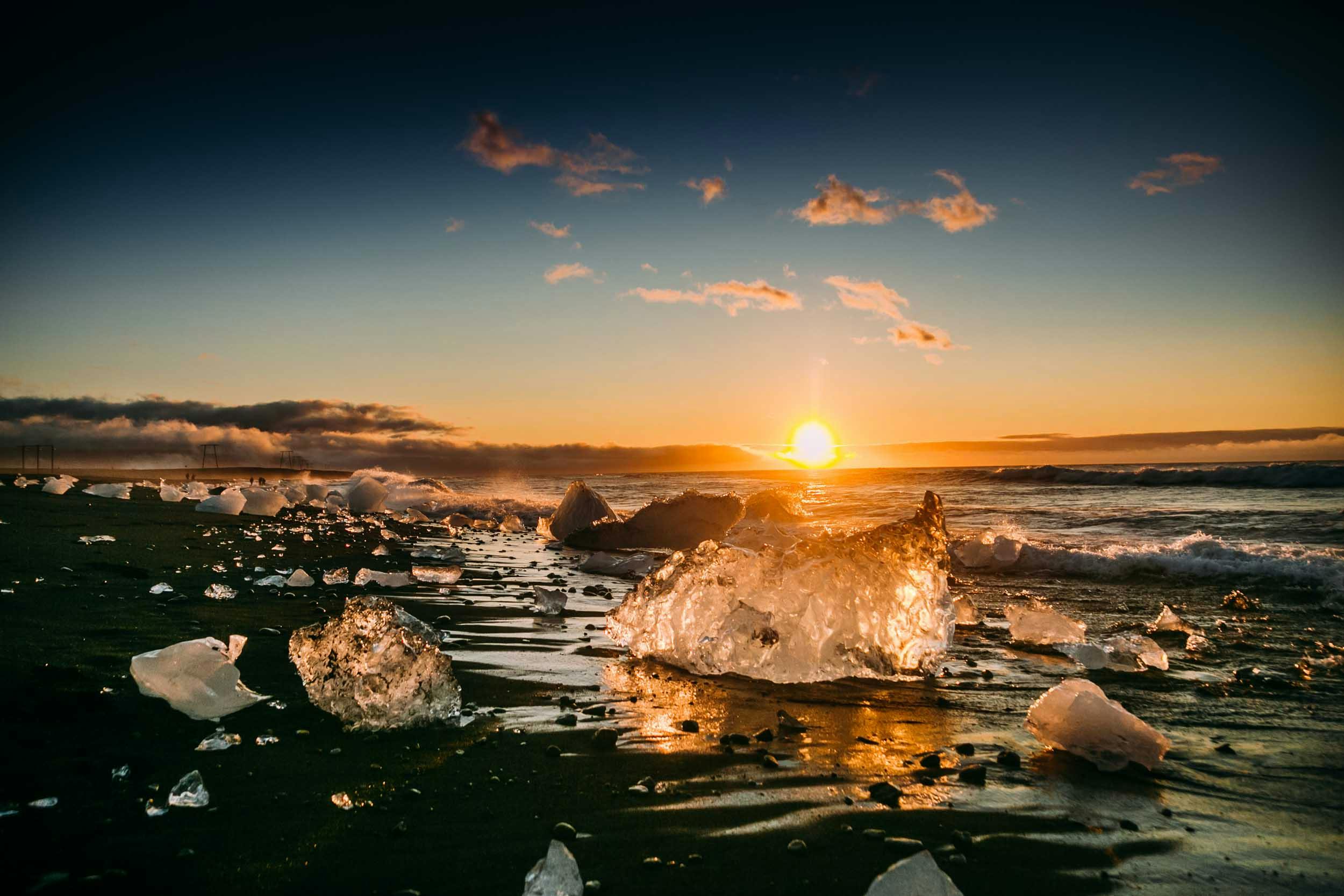 Eisbrocken, Diamond Beach, Sonnenaufgang, Vatnajökull Nationalpark, Island