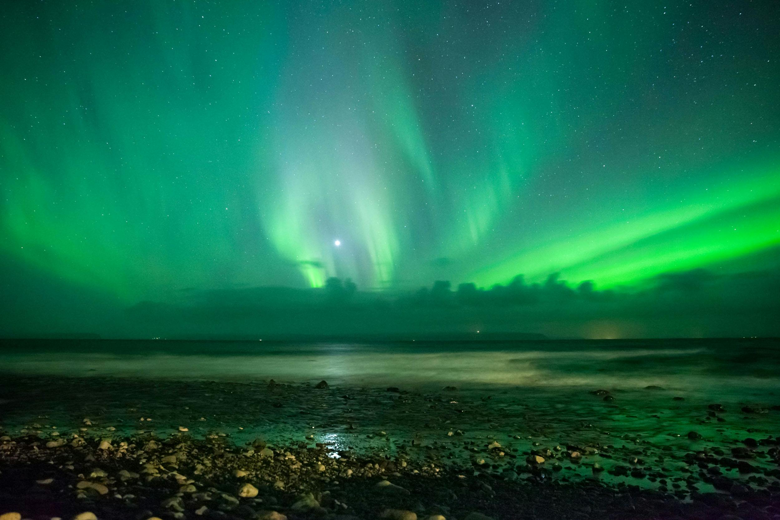 Nordlichter, Strand, Meer, Island