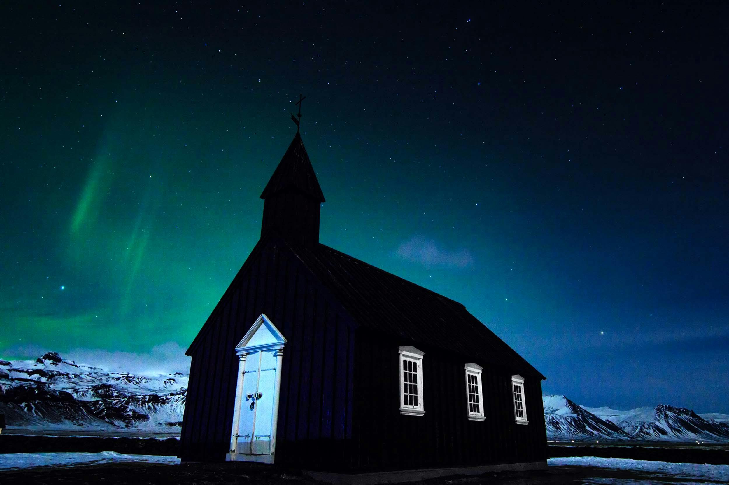 Kirche, Budir, Polarlichter, Island